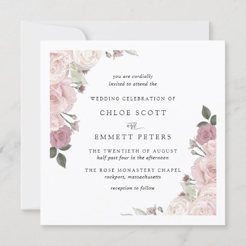 Elegant Blush Pink Rose Floral Wedding Invitation