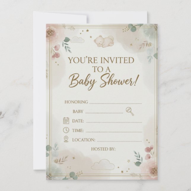 Elegant Blush Pink Rose Floral Wreath Baby Shower  Save The Date (Front)