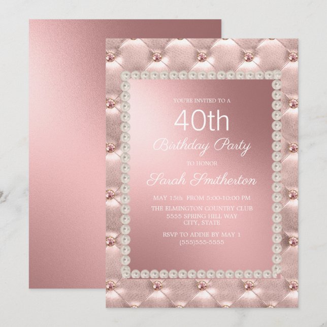 Elegant Blush Pink Rose Gold 40th Birthday Party Invitation (Front/Back)
