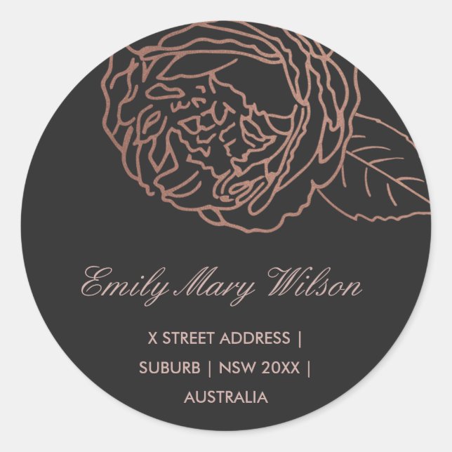 ELEGANT BLUSH PINK ROSE GOLD BLACK FLORAL ADDRESS CLASSIC ROUND STICKER (Front)