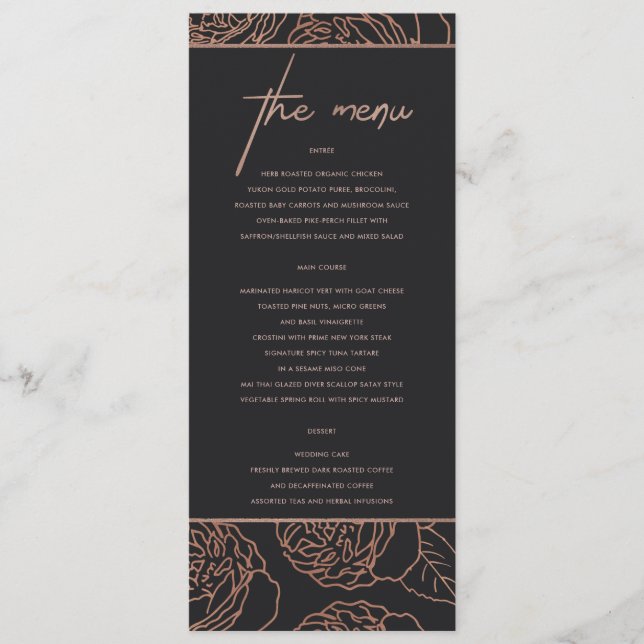 ELEGANT BLUSH PINK ROSE GOLD BLACK FLORAL MENU (Front)