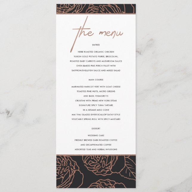 ELEGANT BLUSH PINK ROSE GOLD BLACK FLORAL MENU (Front)