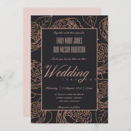 ELEGANT BLUSH PINK ROSE GOLD BLACK FLORAL WEDDING INVITATION