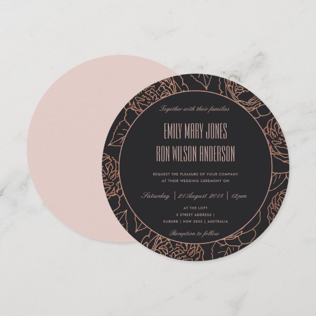 ELEGANT BLUSH PINK ROSE GOLD BLACK FLORAL WEDDING INVITATION (Front/Back)