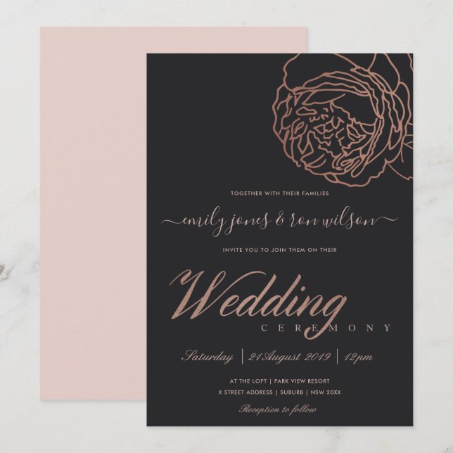 ELEGANT BLUSH PINK ROSE GOLD BLACK FLORAL WEDDING INVITATION (Front/Back)
