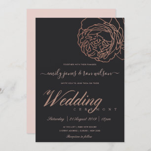 ELEGANT BLUSH PINK ROSE GOLD BLACK FLORAL WEDDING INVITATION
