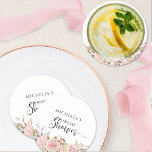 Elegant Blush Pink Rose Gold Bridal/Baby Shower Round Paper Coaster<br><div class="desc">Elegant shower coaster with beautiful floral detail in blush pink and rose gold hues. Modern hand written calligraphy details. Ability to change text to baby shower or couple's shower by using text box provided. Part of our "Elegance in Pink, Blush and Rose Gold Floral" collection with a variety of coordinating...</div>