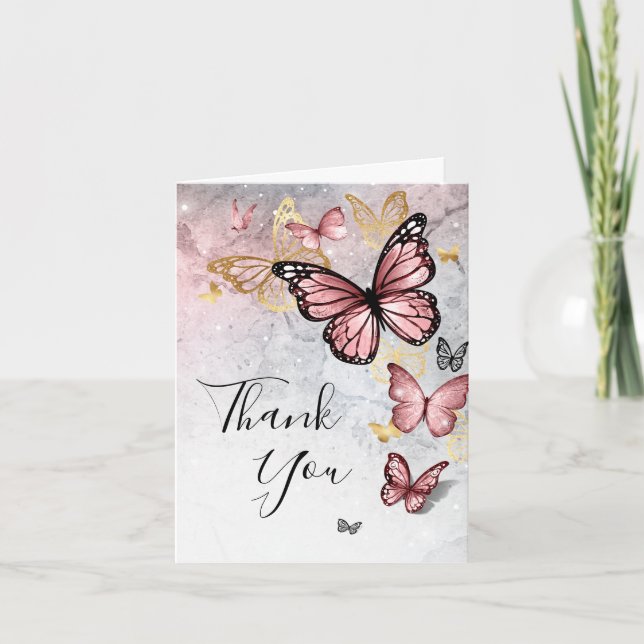 Elegant Blush Pink Rose Gold Butterfly Folded Thank You Card (Front)