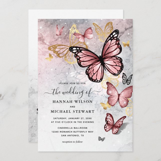 Elegant Blush Pink Rose Gold Butterfly Wedding Invitation (Front/Back)