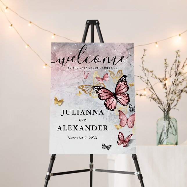 Elegant Blush Pink Rose Gold Butterfly Welcome Foam Board (In Situ (Stand))