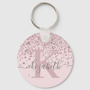 Elegant Blush Pink Rose Gold Glitter Monogrammed  Keychain