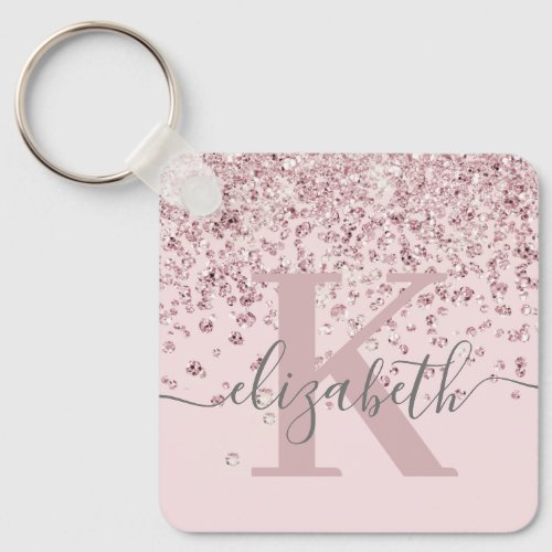Elegant Blush Pink Rose Gold Glitter Monogrammed Keychain