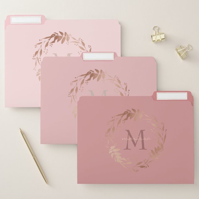 Elegant Blush Pink Rose Gold Monogram File Folder (Set)