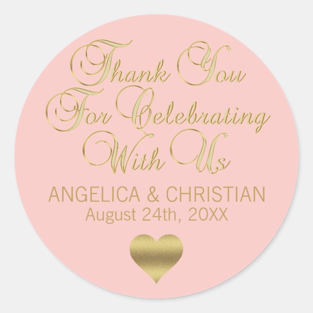 Elegant Blush Pink Rose Gold Thank you Wedding Classic Round Sticker (Front)