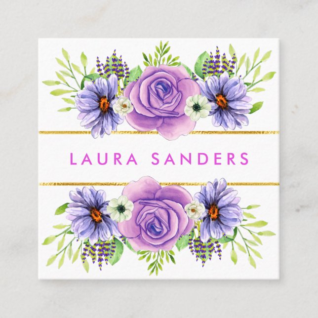 Elegant Blush Pink Rose Lilac Flower Hair & Makeup Square Business Card (Front)