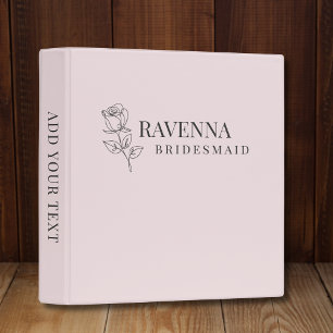 Elegant Blush Pink Rose Line Art Personalized Name 3 Ring Binder