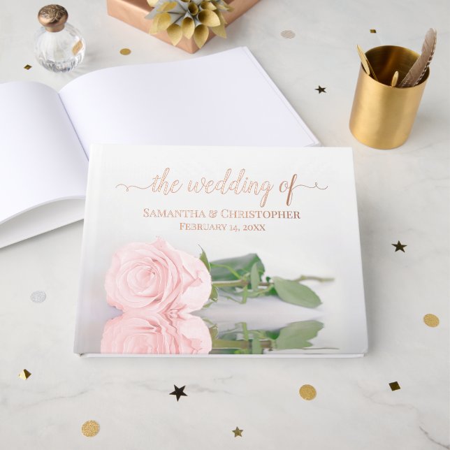 Elegant Blush Pink Rose Medium Wedding Foil Guest Book (Front Open)