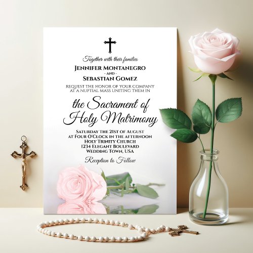Elegant Blush Pink Rose Modern Catholic Wedding Invitation