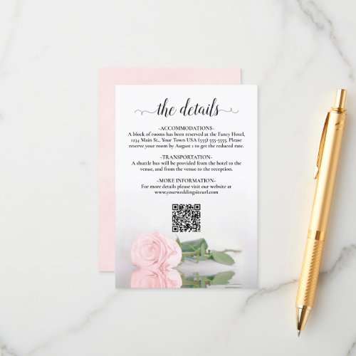 Elegant Blush Pink Rose Wedding Details QR Code Enclosure Card