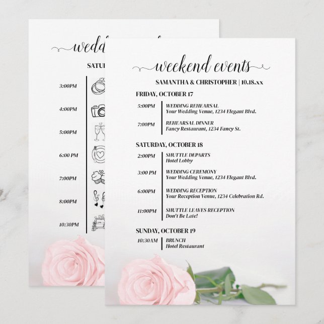 Elegant Blush Pink Rose Wedding Events & Timeline Program (Front/Back)