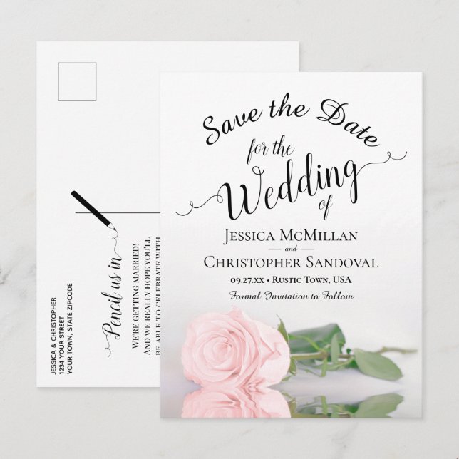 Elegant Blush Pink Rose Wedding Save the Date Announcement Postcard (Front/Back)