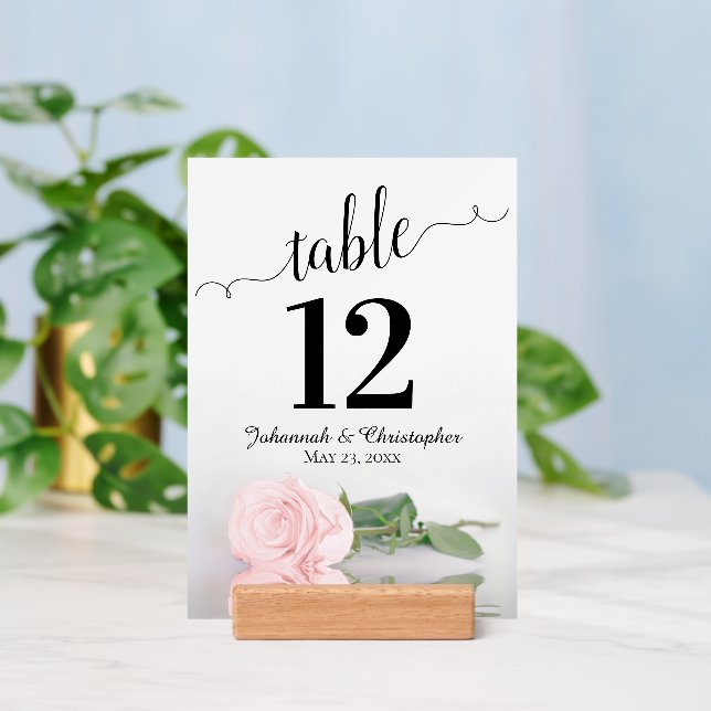 Elegant Blush Pink Rose Wedding Table Number with Holder (Insitu 3)