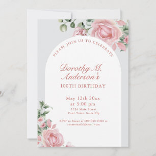 Elegant Blush Pink Roses 100th Birthday Party Invitation