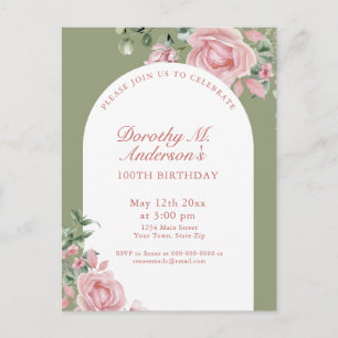 Elegant Blush Pink Roses 100th Birthday Party Postcard