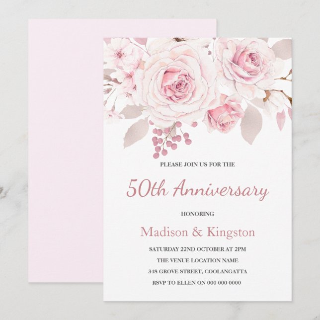 Elegant Blush Pink Roses 50th Wedding Anniversary Invitation (Front/Back)