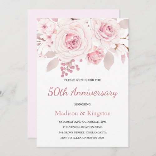 Elegant Blush Pink Roses 50th Wedding Anniversary Invitation