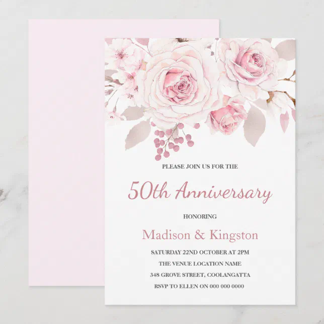 Elegant Blush Pink Roses 50th Wedding Anniversary Invitation Zazzle