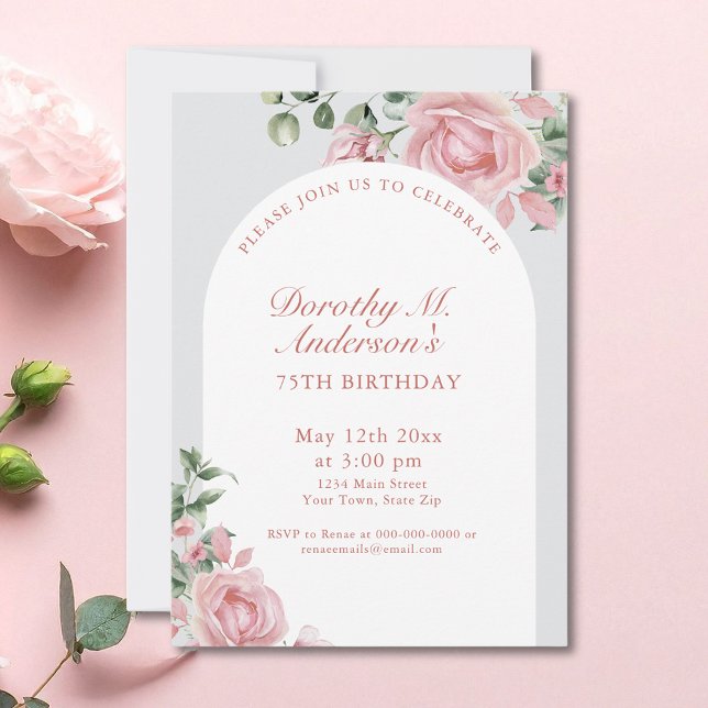 Elegant Blush Pink Roses 75th Birthday Party  Invitation (Creator Uploaded)