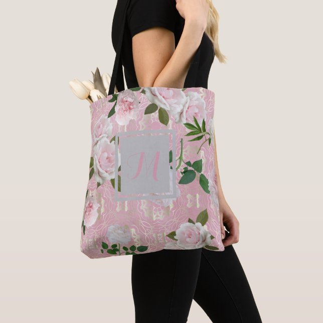 Elegant Blush Pink Roses and Gold Damask Monogram Tote Bag (Close Up)
