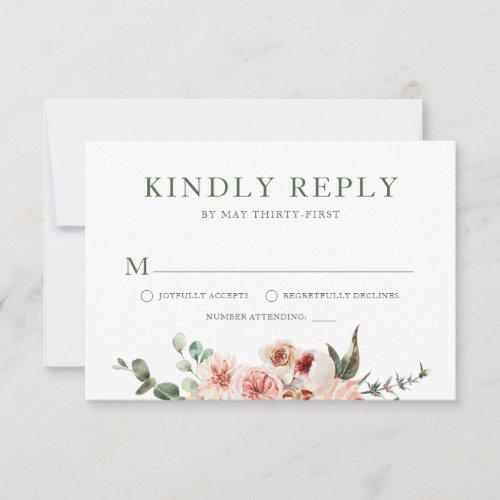 Elegant Blush Pink Roses and Green Floral Wedding  RSVP Card