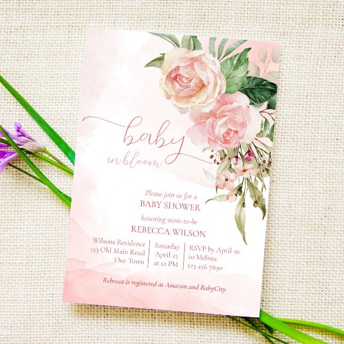 Elegant blush pink roses baby in bloom baby shower invitation