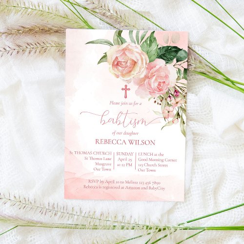 Elegant blush pink roses baptism for a girl invitation