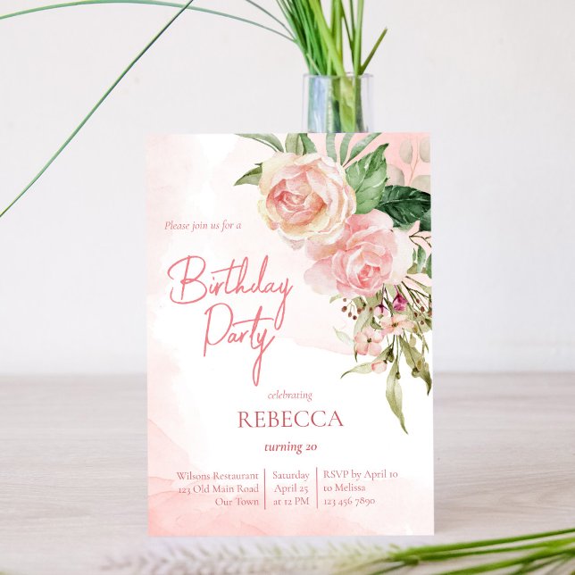 Elegant blush pink roses birthday party invitation (Creator Uploaded)