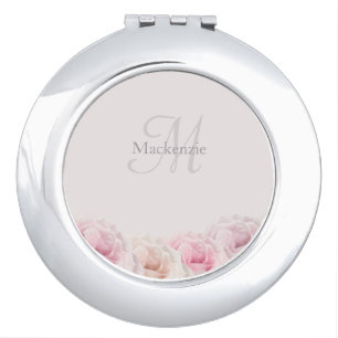 Elegant Blush Pink Roses Custom Name Monogram  Compact Mirror