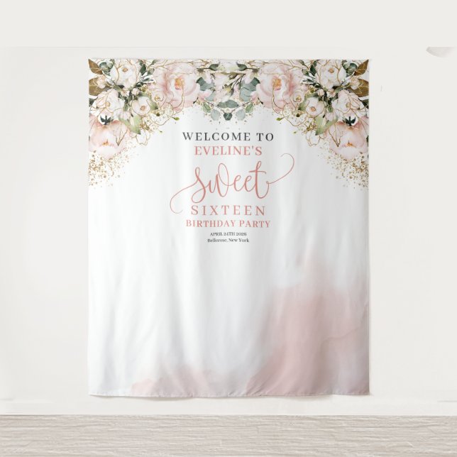 Elegant blush pink roses eucalyptus 16th birthday tapestry (Front)