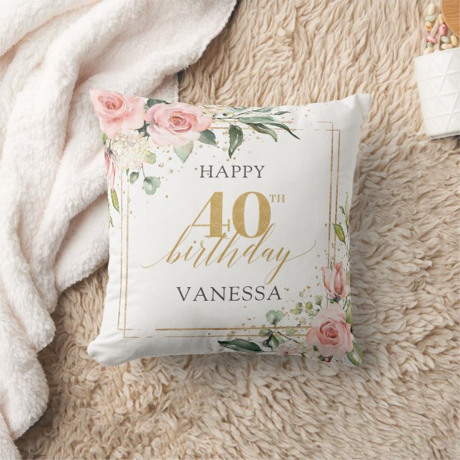 Elegant blush pink roses eucalyptus 40th birthday throw pillow (Blanket)