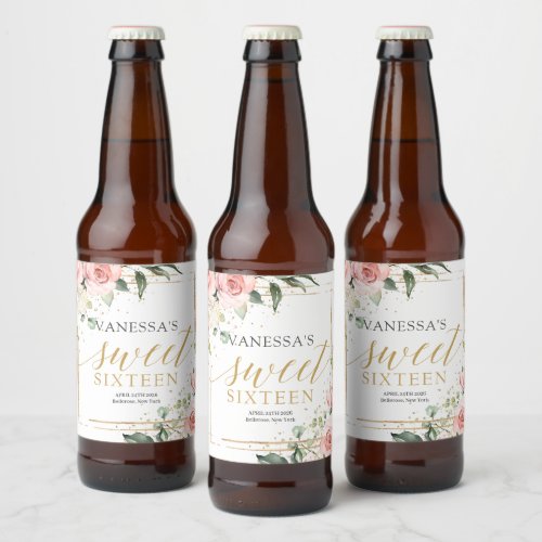 Elegant blush pink roses eucalyptus gold sixteen beer bottle label