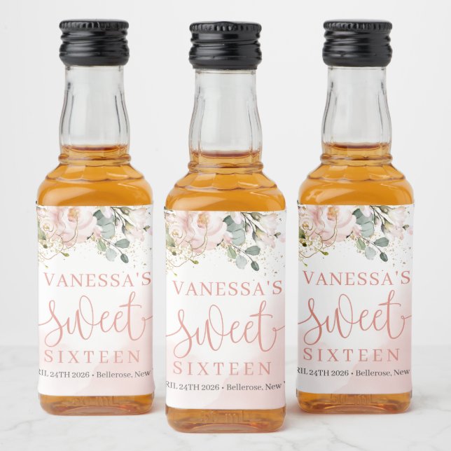 Elegant blush pink roses eucalyptus gold sixteen liquor bottle label (Bottles)