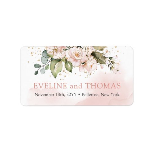 Elegant blush pink roses eucalyptus gold sparkles label