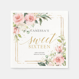 Elegant blush pink roses eucalyptus gold Sweet 16 Napkins