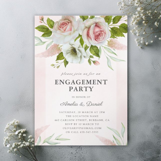 Elegant Blush Pink Roses Floral Engagement Party Invitation (Creator Uploaded)