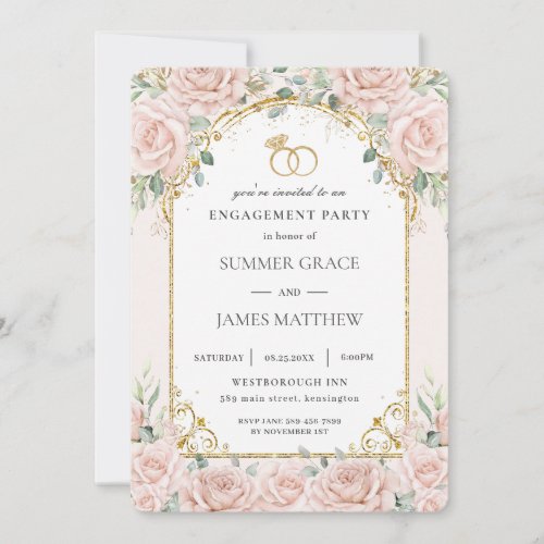 Elegant Blush Pink Roses Floral Gold Engagement  Invitation