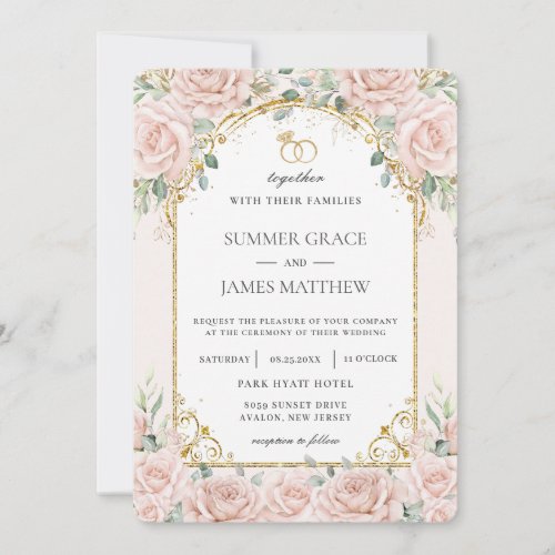 Elegant Blush Pink Roses Floral Gold Wedding   Invitation