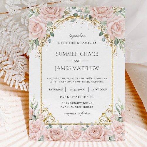 Elegant Blush Pink Roses Floral Gold Wedding   Invitation