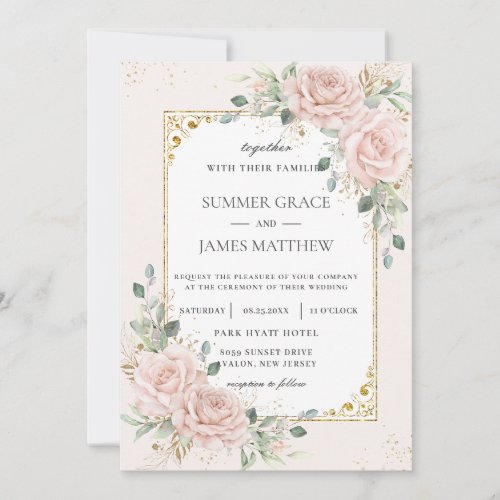 Elegant Blush Pink Roses Floral Greenery Wedding   Invitation