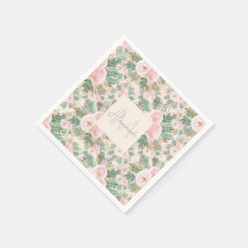 Elegant Blush Pink Roses Floral Mint Golden Leaves Napkins